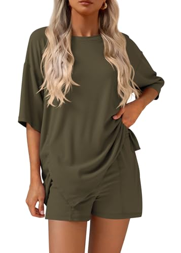 KIRUNDO 2 Piece Sets for Women Summer Lounge Sets Casual - color: Army Green, size: Medium