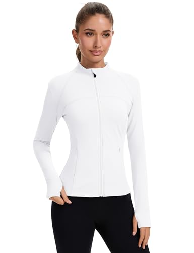 Rapbin Women's Full Zip Workout jackets Runing Slim Fit Athletic Tops With Thumb Holes - color: White, size: Small
