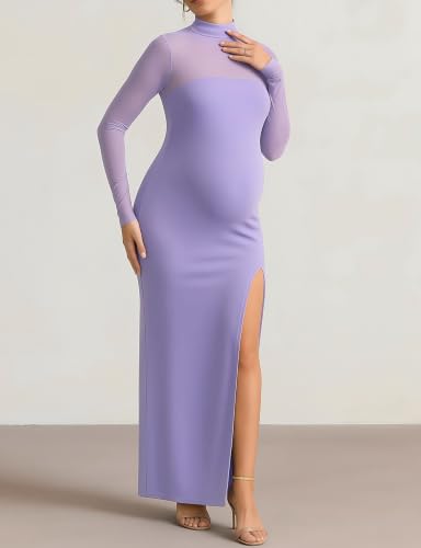 Dedysler Long Sleeve Wedding Guest Bodycon Maxi Dress Cocktail Party - color: Light Purple, size: Medium