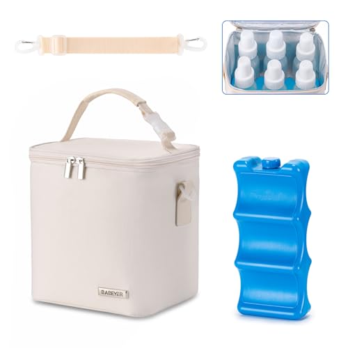 Breastmilk Cooler Bag with Ice Pack Fits 6 Baby Bottles Up to 9 Ounce, Baby Bottle Bag with Shoulder Strap for Nursing Mom Daycare, Cream - color: Cream-1, size: Fits 6 Baby Bottles Up to 9 Ounce