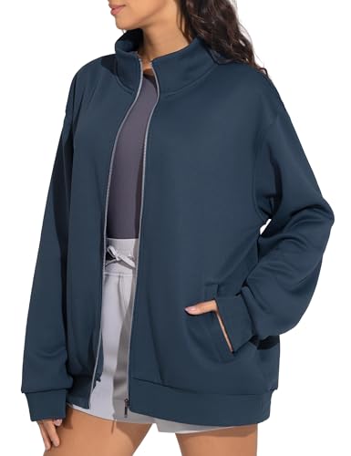 THE GYM PEOPLE Women's Oversized Zip Up Sweatshirts Fleece Mock Neck Jacket - color: Navy Blue, size: X-Large