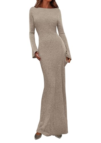 PRETTYGARDEN Women's Fall Long Sleeve Bodycon Maxi Dresses - color: Apricot, size: Medium