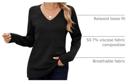 Zeagoo Womens Sweaters Fall Casual Long Sleeve V Neck Shirts Lightweight Crochet Ribbed Knit Pullover Tops Outfits - color: Black, size: X-Large