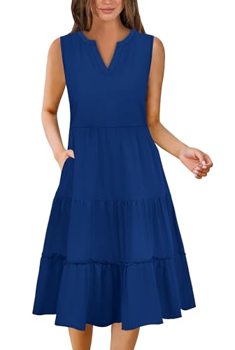 Summer Dresses for Women 2026 Flowy Casual Boho Midi Sun Dress with Pockets - color: Solid-blue, size: Medium