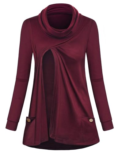 Joymom Maternity Warm Cowl Neck Nursing Sweatshirt Breastfeeding Tunic Tops - color: 2-wine, size: Medium