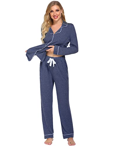 Ekouaer Women's Pajamas Long Sleeve Loungewear Casual Button Down Pjs - color: Dark Blue, size: Medium