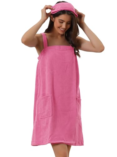 cheibear Women Terry Towel Dress Wrap Bathrobe with Pockets Headband - color: Rose Pink, size: Small