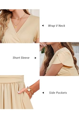 OUGES Women's Wrap V Neck Summer Maternity Photoshoot Dress with Pockets - color: Beige, size: X-Large
