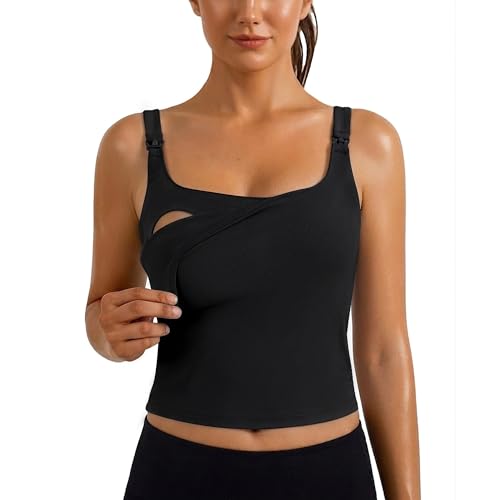 Ecavus Women's Nursing Bras for Breastfeeding Tank Tops with Built in Bra - color: Black, size: Medium