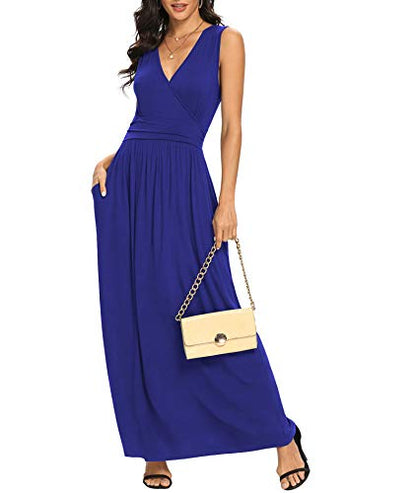 LILBETTER Women Sleeveless Deep V Neck Loose Plain Long Maxi Casual Dress - color: 01 Royal Blue, size: Large