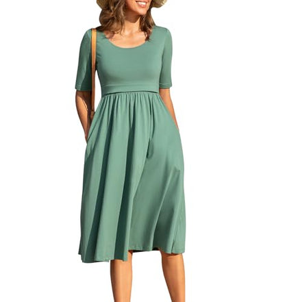Women's Nursing Dresses Breastfeeding Comfortable Cotton Midi Breastfeeding Dress with Pockets - color: 307 Sage Green, size: Medium