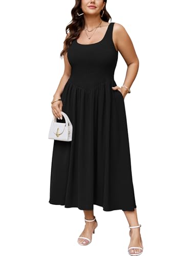 SCOMCHIC Women's Plus Size Summer Tank Dress Sleeveless Smocked A Line Flowy Maxi Dresses - color: Black, size: 4X-Large Plus