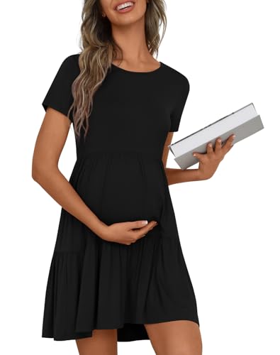 Women's Maternity Dress Summer Short Sleeve Pregnancy Dresses - color: Black, size: Medium
