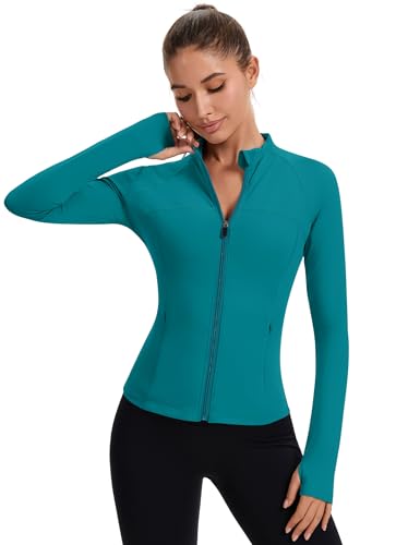 Rapbin Women's Full Zip Workout jackets Runing Slim Fit Athletic Tops With Thumb Holes - color: Blue Green, size: Medium