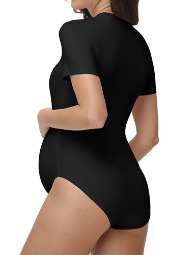 V VOCNI Maternity Bodysuit Short Sleeve Stretchy Basic Pregnancy T Shirt - color: Black, size: Small