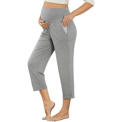 Maternity Capri Pants, Over The Belly Pregnancy Pants with Pocket - color: Gray, size: Large