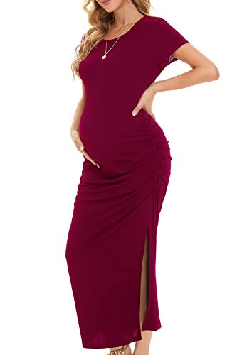 Smallshow Women's Split Long Short Sleeve Maternity Dress - color: Maroon, size: Medium