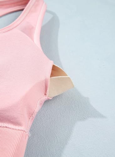 BLENCOT Maternity Workout Sets Pregnancy Yoga Ribbed Tank Tops with Bra - color: Pink, size: Large