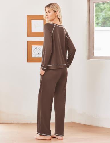 Ekouaer Womens Pajamas Long Sleeve Pjs Soft Loungewear 2 Piece Lounge Sets - color: Brown, size: X-Large