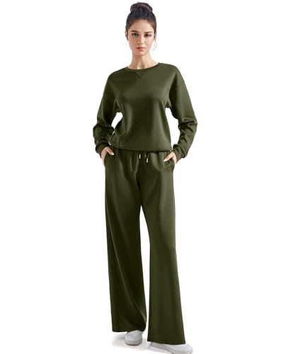 SUUKSESS Women 2 Piece Outfits Fall Oversized Sweatshirt Wide Leg Pants - color: Army Green, size: Large