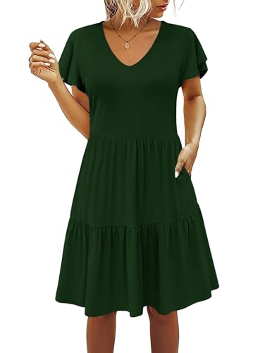 CzzzyL Women's Maternity Nursing Dress Ruffle Cap Sleeve Breastfeeding with Pockets - color: Deep Green, size: Medium