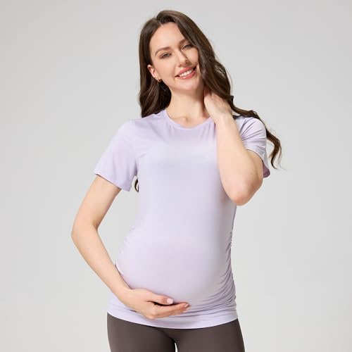 netdraw Buttery Soft Bamboo Viscose Maternity T Shirt, Pregnancy Short Sleeve Side Ruched Casual Tops - color: Iris, size: Medium