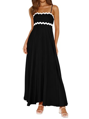 PRETTYGARDEN Women Spaghetti Strap Boho Maxi Dresses Flowy - color: Black, size: XX-Large