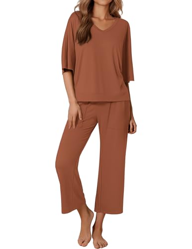 Ekouaer Lounge Sets for Women Comfy Pajamas Set 2 Piece Outfits - color: Camel, size: X-Large