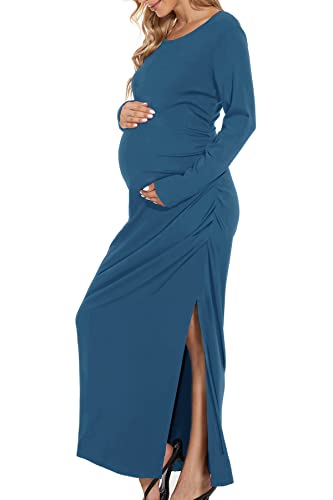 Smallshow Women's Ruched Long Sleeve Split Maternity Dress - color: Grey Blue, size: X-Large