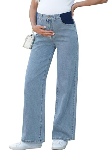 BLENCOT Maternity Jeans for Women Wide Leg Pregnancy Pants - color: Sky Blue, size: Small