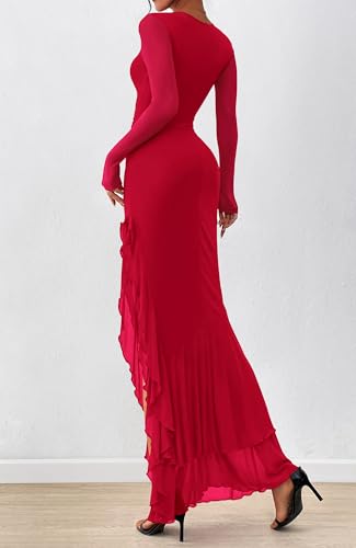 BTFBM Women's Maxi Dresses Fall 2026 Long Sleeve Wedding Guest Dress - color: Red, size: Large