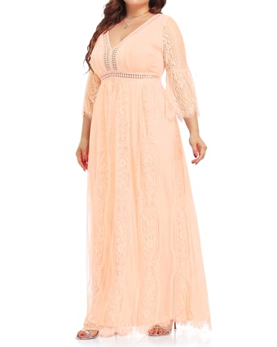 Plus Size Wedding Dresses Boho Lace Formal Bohemian Fall Long Dress - color: Pink, size: 14 Plus