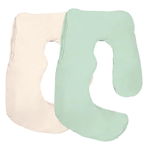 Maternity Pillow Cover ONLY Compatible with Momcozy Pregnancy Pillow (2 Pack Covers-Pillow NOT Included) Soft Breathable Machine Washable Pillowcase - color: Oat&light Sage