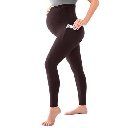 SINOPHANT Maternity Leggings with Pockets Over Belly Yoga Pants - color: Dark Brown, size: Large