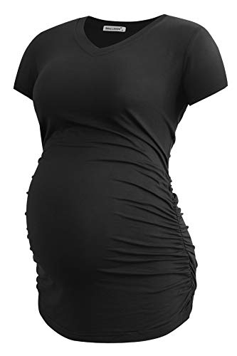 Smallshow Women's V Neck Maternity Clothes Tops Side Ruched Pregnancy T Shirt - color: Black/Deep Grey/Light Grey, size: Medium