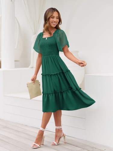 LILLUSORY Women Tiered Flutter Sleeve Square Neck Smocked Midi Dress - color: Emerald Green, size: Medium