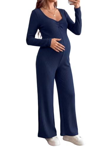 BLENCOT Maternity Ribbed Jumpsuit Long Sleeve Square Neck Stretchy Romper - color: Navy Blue, size: Small