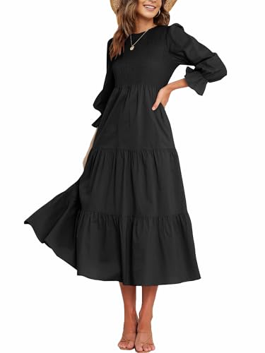 CzzzyL Women's Nursing Dress Smocked Bodice Ruched Midi with Pockets - color: Black, size: Medium