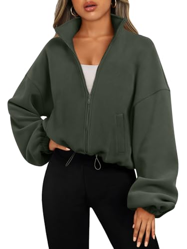 AUTOMET Womens Fleece Jackets Zip Up Oversized Cropped Sweatshirts - color: Armygreen, size: X-Small