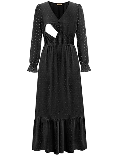 CzzzyL Women Nursing Boho Maxi Dress Swiss Dot Smocked with Pockets - color: S-black, size: Medium