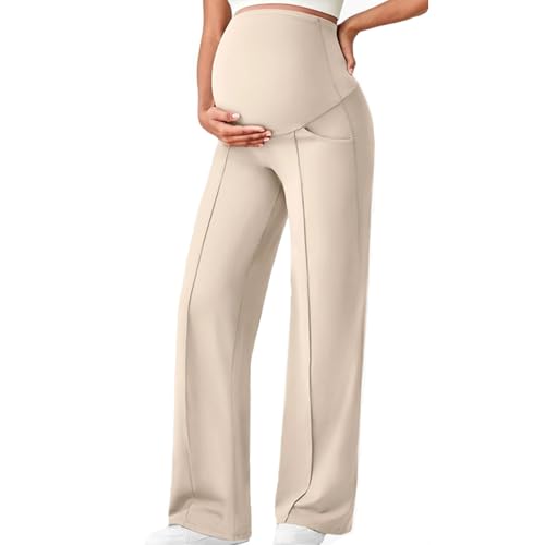 Over The Belly Maternity Wide Leg Yoga Pants - color: Beige, size: Medium