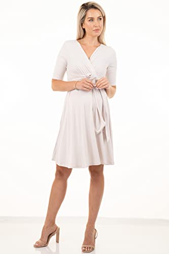 Mother Bee Maternity Knee Length Wrap Dress with Adjustable Belt - color: Toffee, size: Medium