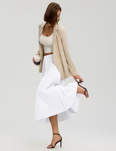 LOMON Midi Skirts for Women with Pockets A-Line Cotton Flowy Elastic Waist - color: White, size: X-Large