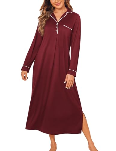 Ekouaer Long Sleeves Nightgowns for Women Button Down Night Gown - color: Wine Red, size: X-Large