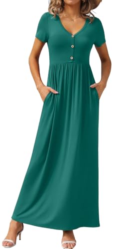 GRECERELLE Womens Summer Long Maxi Dresses 2026 Short Sleeve V Neck Casual Button Dress with Pockets - color: Emerald Blue, size: Large