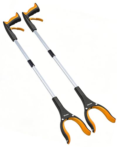 2 Pack Grabber Reacher Tool, 32" Foldable Reacher Grabber Pickup Tool for Elderly, Orange Heavy Duty Rotating Jaw Trash Litter Picker, Lightweight Arm Extension Mobility Aid for Disabled