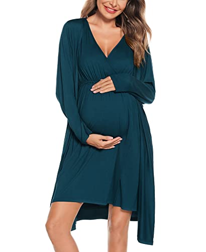 SWOMOG Women Maternity Nursing Gown and Robe Set 3 in 1 Labor Delivery Nursing Nightgown for Breastfeeding Hospital Bathrobe - color: Blue Green, size: Large