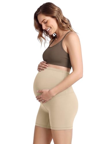 ODODOS Women's Maternity Biker Shorts 5" - Buttery Soft Over The Belly Pregnancy Lounge Yoga Shorts - color: Beige, size: X-Large