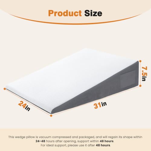 Vekkia 31” Extra-Long Wedge Pillow for Sleeping & Resting, Back Support - size: 31"×24"×7.5"-Extra-Long
