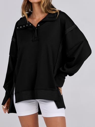 ANRABESS Sweatshirt for Women Oversized Casual Fall Henley Pullover Top - color: Black, size: Medium